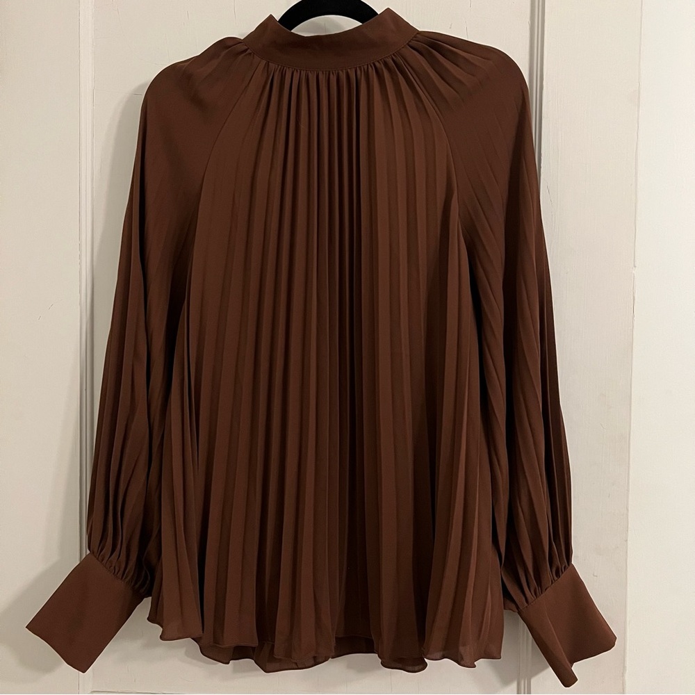 Pleated blouse button mockneck and flowy sleeves